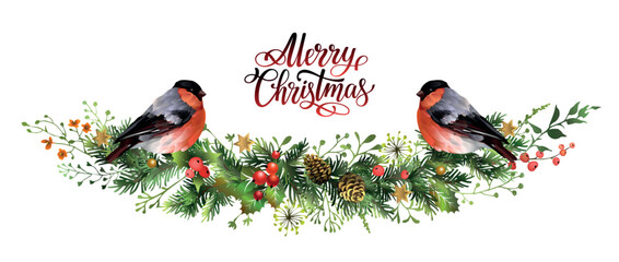 Christmas pine garland with red bullfinch birds and lettering inscription Merry Christmas.