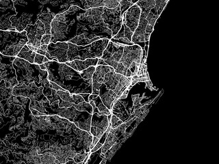 Vector road map of the city of Durban in South Africa with white roads on a black background. - obrazy, fototapety, plakaty