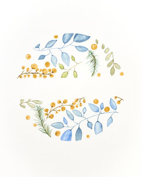 Hand-painted watercolor Holiday wreath on a white background with a copy space for the text. Watercolor paints, floral elements