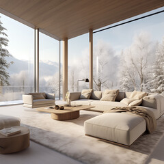 cosy corner sofa in minimalist living room with floor to ceiling windows with foggy forest view
