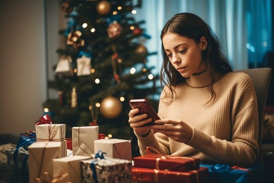 A girl receives bad news in a notification on her cell phone on Christmas Day.