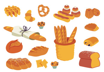bakery pastry. Vector illustration isolated on a white background. French bread, baguettes, croissant and brioche © Aurore