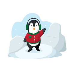 Isolated cute christmas penguin with headphones Vector