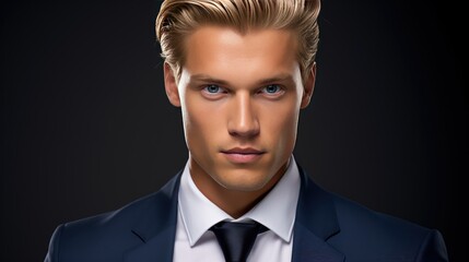 Scandinavian man in navy suit, fair skin, blond hair, blue eyes, confident smile. Sharp, chiseled features exude elegance and masculinity