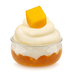 Jar of yogurt with mango jam isolated on white background