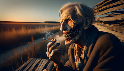 Roting zombie-like man smoking at twilight