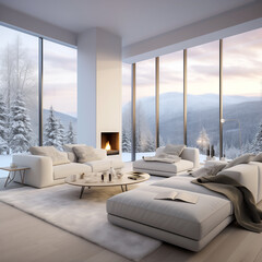 Minimalist interior design of modern living room with fireplace and  beautiful view