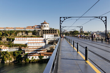 View of Monastery of Serra of Pilar in Vila Nova de Gaia from Luis I bridge in Porto, Portugal.  - obrazy, fototapety, plakaty