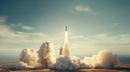 Far away rocket launch in desert. - obrazy, fototapety, plakaty