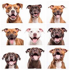 Collage of portraits of dogs of staffordshire terrier breed, different colors and emotions, for advertising zoological goods and feed and packaging design