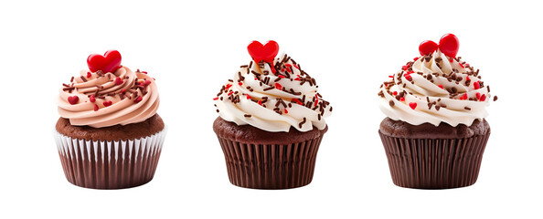 Mockup Template for Artwork Design: Valentine’s Day Edition - Set of Chocolate Cupcakes with Heart on Top in Different Flavours, Isolated on Transparent Background, PNG