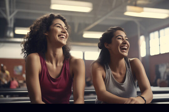 Women laughing together,  having a good time at the gym or in a fitness class. The joy of healthy living and friendship