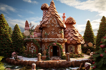 A beautiful and very detailed gingerbread house in a winter landscape