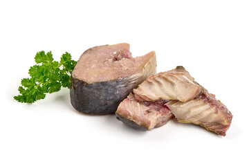 Mackerel fillet, preserved fish fillet, isolated on white background.