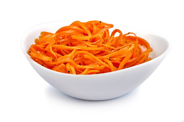 Gratted raw carrots in korean-style, korean carrot in the white bowl, isolated on white background. - obrazy, fototapety, plakaty