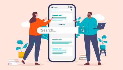 Business people online web search - Woman and man in office searching the internet and looking on search results on big mobile phone screen. Flat design vector illustration