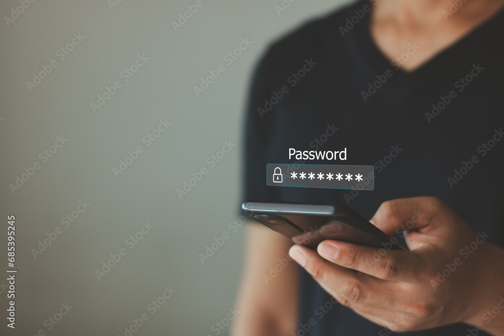 Poster cyber security concept. business people use secure password to access and protect personal informati