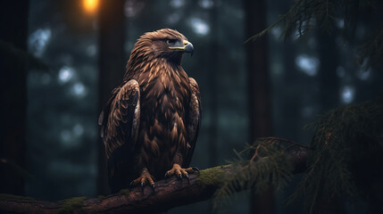 Fototapeta premium a royal eagle sitting on a branch in the forest during the night