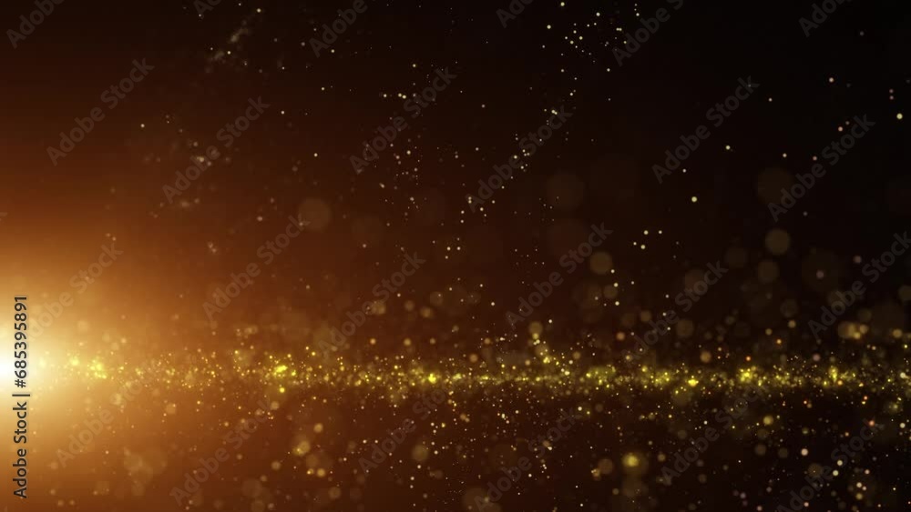 Poster flickering gold colored particles loop motion with glow spot light on dark background.