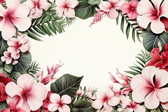 Tropical background with hibiscus flowers and palm leaves, Ai Generated