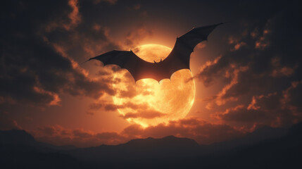Bat in night sky, full Moon, Halloween theme - obrazy, fototapety, plakaty