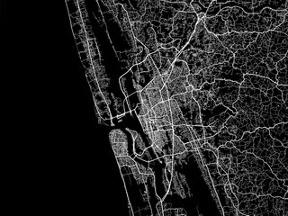Vector road map of the city of Cochin in the Republic of India with white roads on a black background.