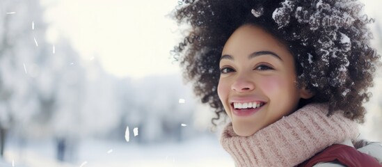 Winter woman enjoying snow outdoors, smiling and joyful. Mixed race girl in winter clothing happily skating on rink. - obrazy, fototapety, plakaty