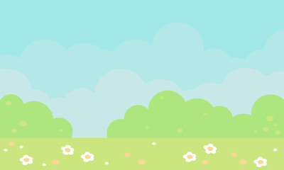 Fototapeta premium Flowers, green grass, sky. Positive background for children. Cute design with summer vibe