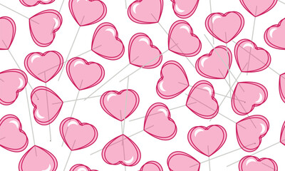Love candy. Seamless pattern with pink heart shaped lollipop. Background for Valentine’s Day and romantic holidays. Seamless pattern with hearts and lollipops. Print by February 14th. Candy design