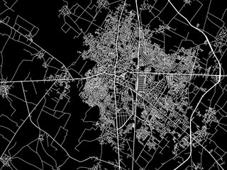 Vector road map of the city of Muzaffarnagar in the Republic of India with white roads on a black background.