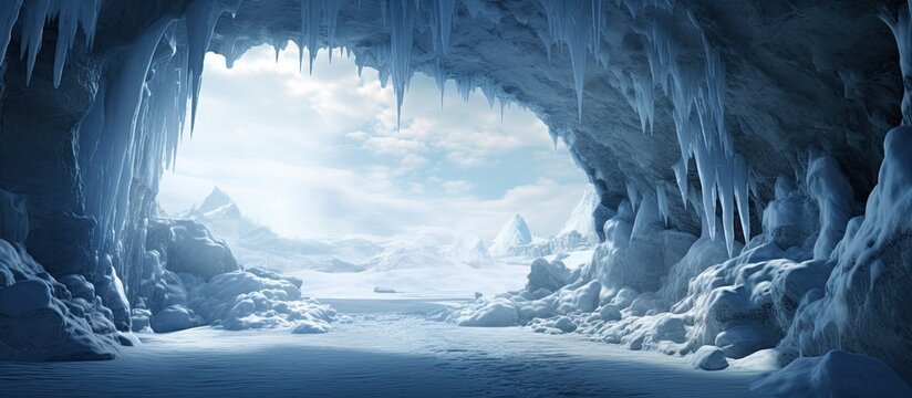 Winter landscape featuring a frozen ice cave in nature.