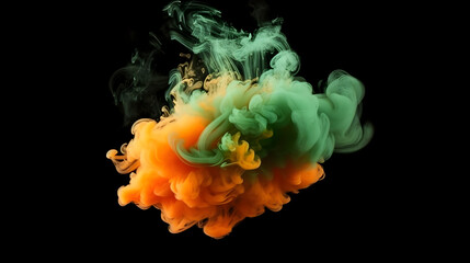 Lush Green and Vibrant Orange Clouds: Bold Contrast on Dark Canvas - Colorful Smoke Display