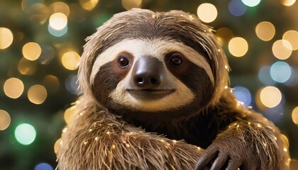 Naklejka premium adorable sloth stuffed animal toy closeup with sparkle and background of Christmas light bokeh