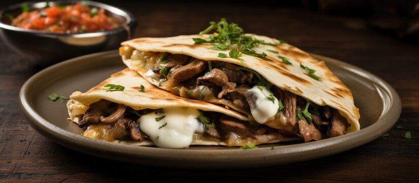 Quesadillas with steak, mushrooms, salsa, and sour cream on a plate.