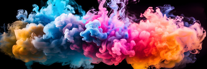 Vibrant Purple, Orange, Red, and Violet: Dynamic Smoke Dance on Black, multi-color smoke dust explosion on dark backdrop