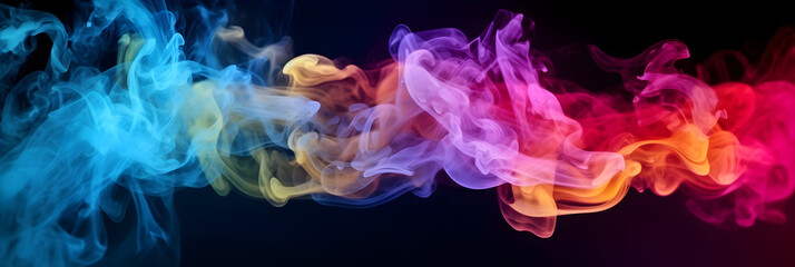 Vibrant Purple, Orange, Red, and Violet: Dynamic Smoke Dance on Black, multi-color smoke dust explosion on dark backdrop