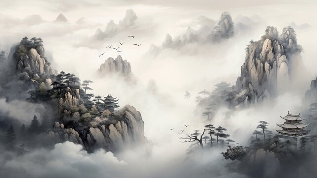 Chinese ink painting style temple AI Generated pictures