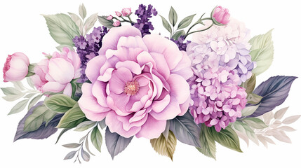 Pink hydrangea rose white peony iris orchid and sage leaves