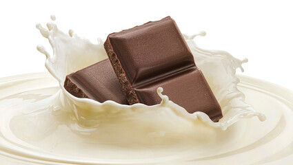 Falling chocolate bars in milk splash with copy space