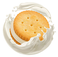 Sandwich cookie falling with milk splash isolated on white background