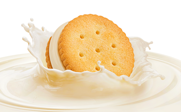 Sandwich cookie falling into milk splash isolated
