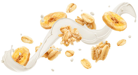 Falling granola with milk splash isolated on white background