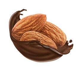 Almond in chocolate splash isolated
