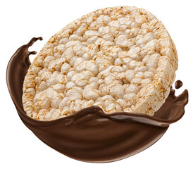 Puffed rice cake falling into chocolate splash isolated 