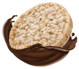 Puffed rice cake falling into chocolate splash isolated 