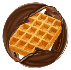 Waffle and chocolate splash isolated on white background