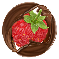 Raspberry and round chocolate splash isolated