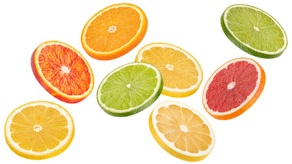 Mix of falling orange, grapefruit, lime and lemon slices isolated on white background - obrazy, fototapety, plakaty