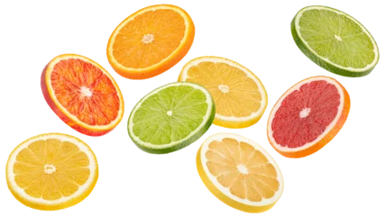 Tuinposter Mix of falling orange, grapefruit, lime and lemon slices isolated on white background © xamtiw