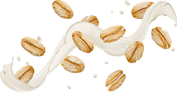 Falling oat flakes, oatmeal with milk splash isolated on white background